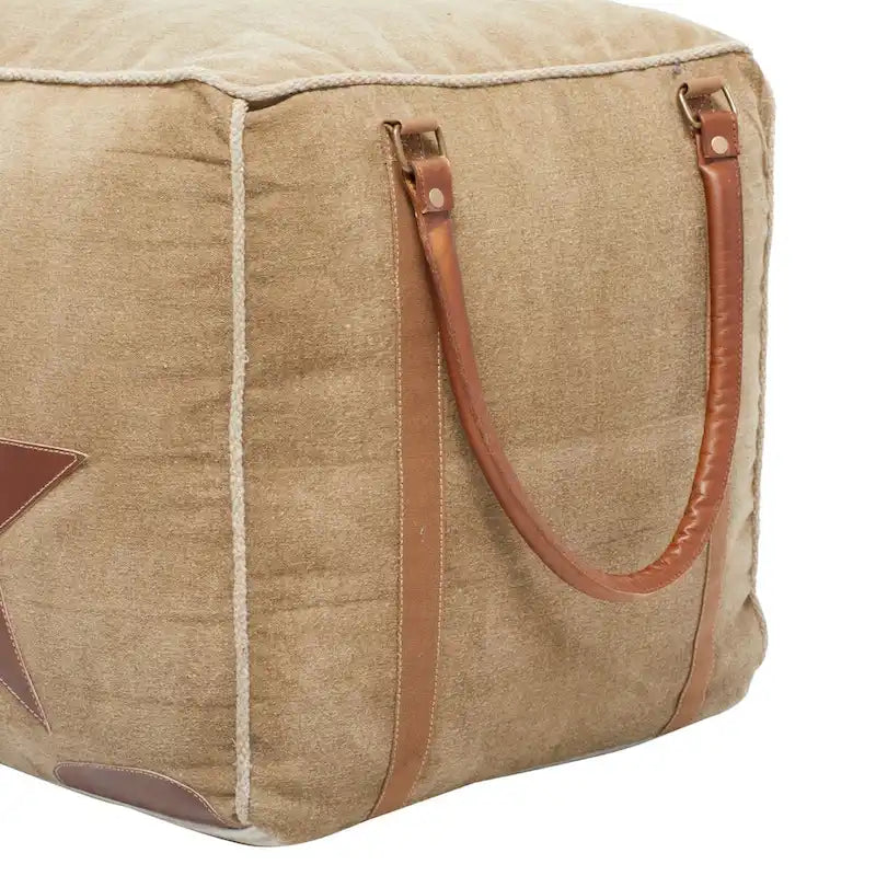 Canvas Pouf with Leather Handles - Gray, Brown, White, Cream or Beige