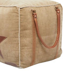 Canvas Pouf with Leather Handles - Gray, Brown, White, Cream or Beige