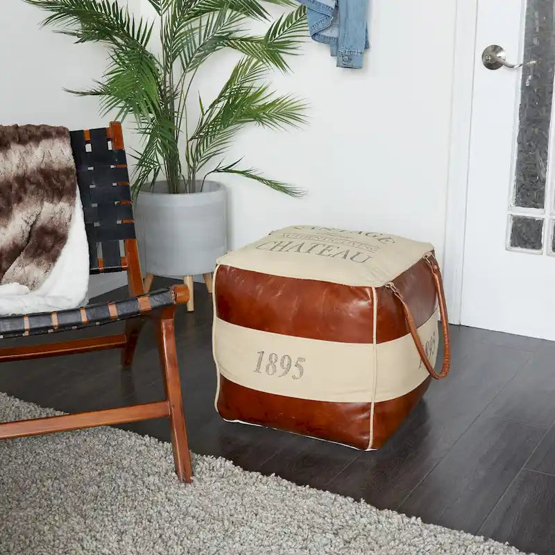 Canvas Pouf with Leather Handles - Gray, Brown, White, Cream or Beige