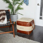 Canvas Pouf with Leather Handles - Gray, Brown, White, Cream or Beige
