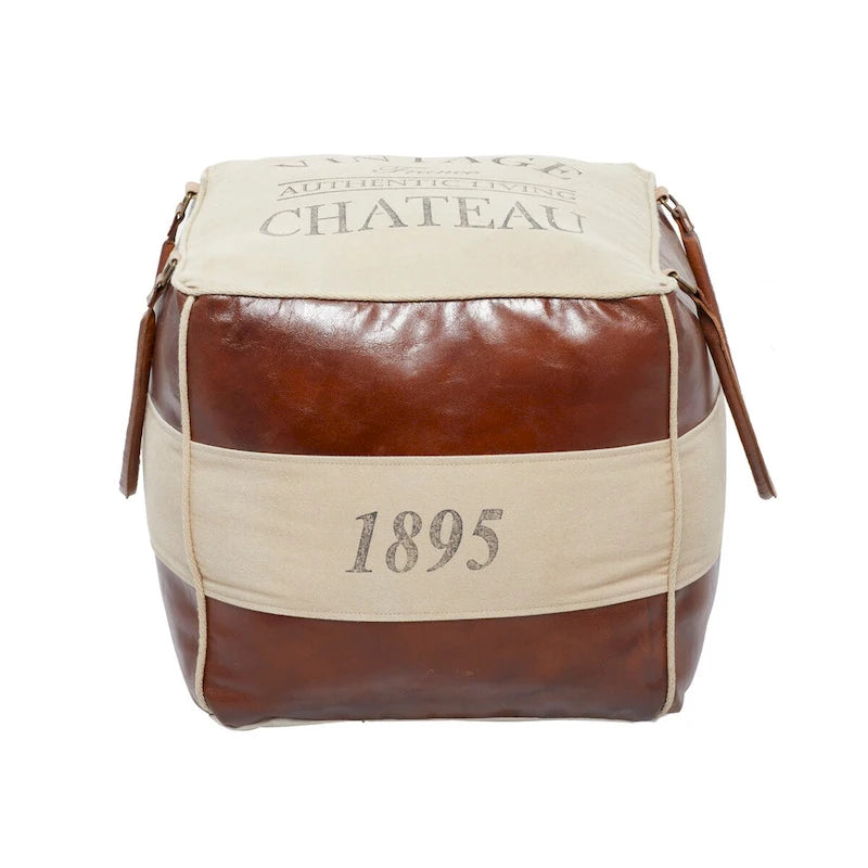 Canvas Pouf with Leather Handles - Gray, Brown, White, Cream or Beige