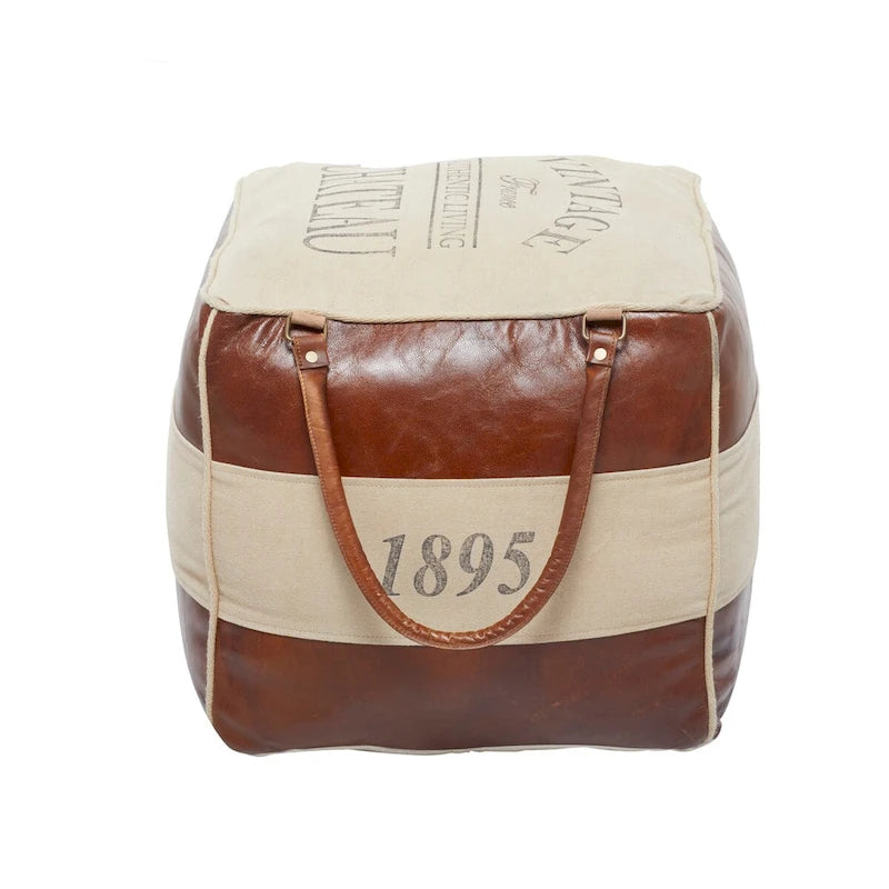 Canvas Pouf with Leather Handles - Gray, Brown, White, Cream or Beige