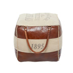Canvas Pouf with Leather Handles - Gray, Brown, White, Cream or Beige
