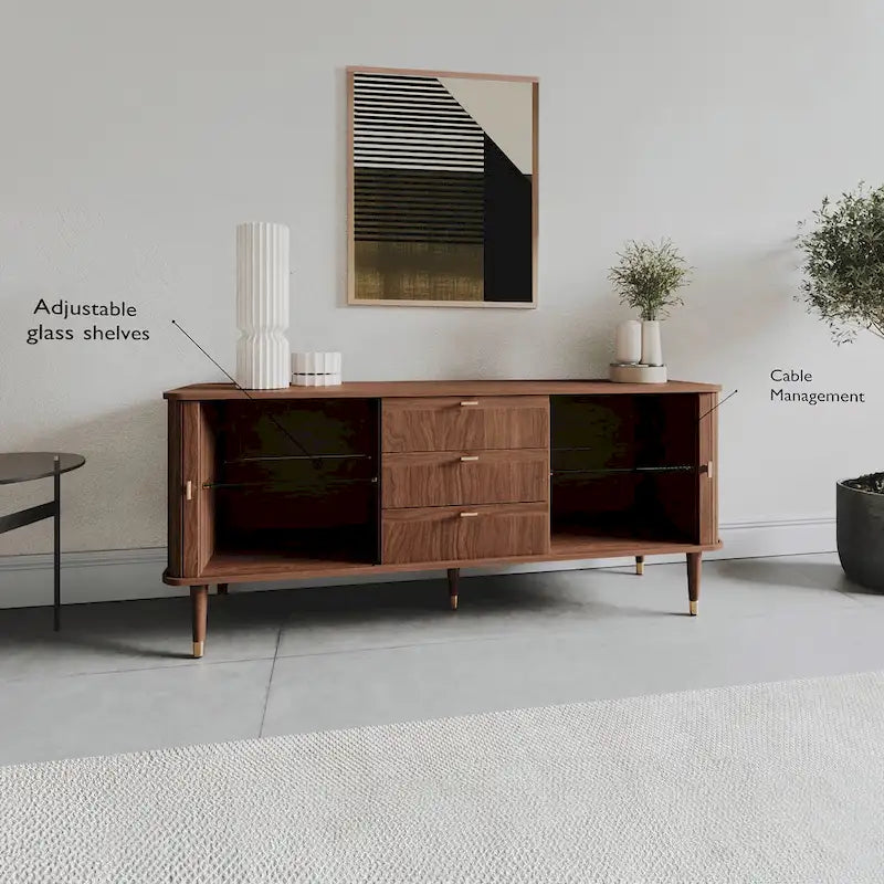 Walnut Wood Sideboard with 3 Drawer Mid Century Modern